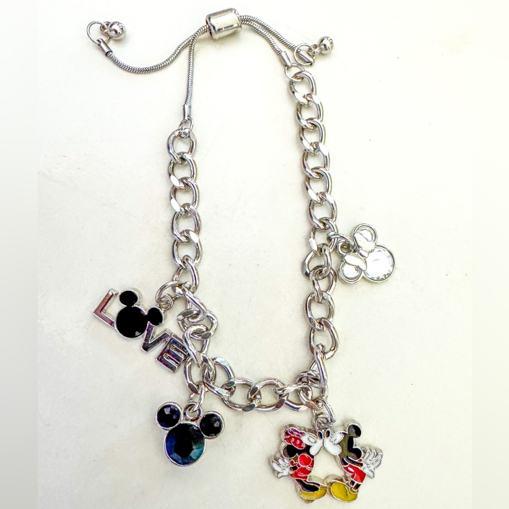 Handmade Disney Mickey and Minnie Mouse Silver Charm Bracelet